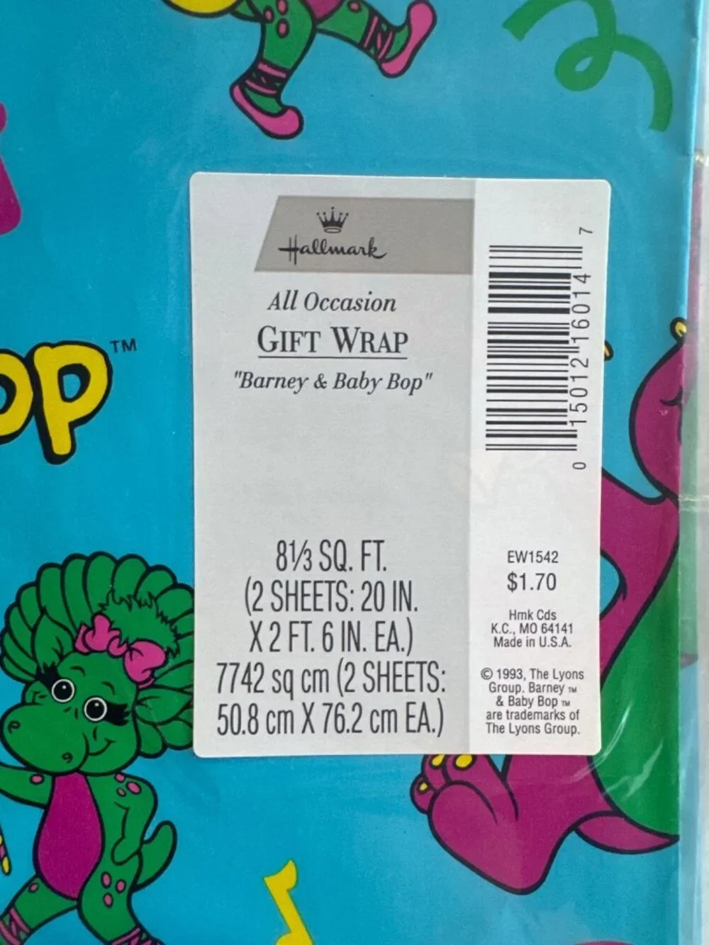 Vintage Barney Baby Bop 1993 Hallmark Gift Wrap Lot of 5 Brand New